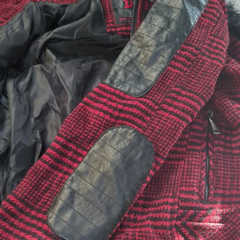 Dollhouse, red and black herringbone pattern short jacket with hood. Sma…